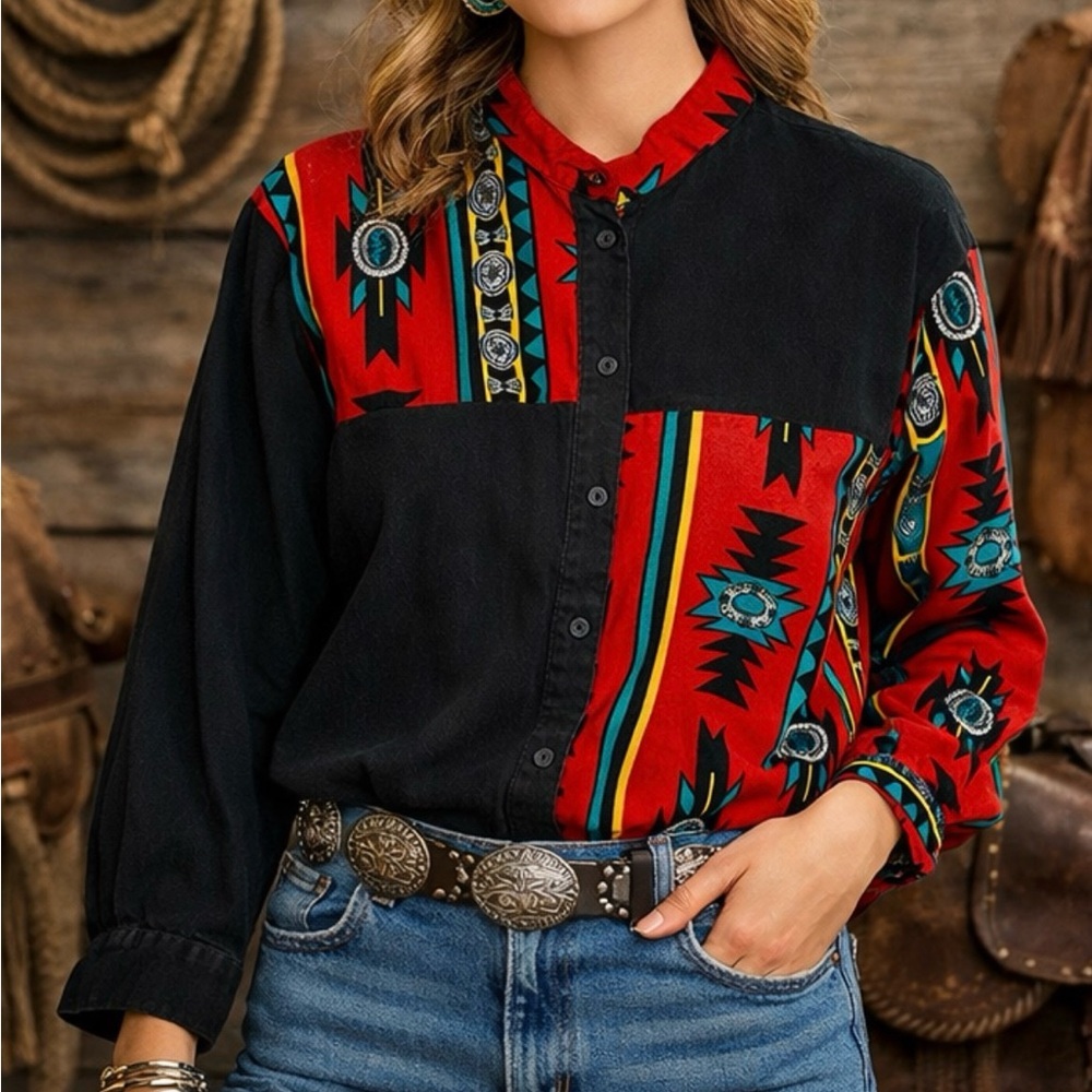 Vintage 90s Southwestern Western Shirt Red Black Turquoise Rodeo Size 10